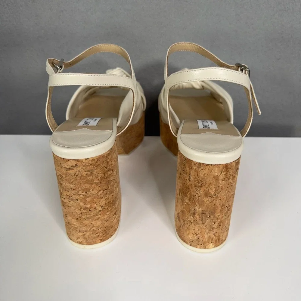 Jimmy Choo Sandals Womens Size 39.5 Heloise Wedge 95 Leather Cork Platform